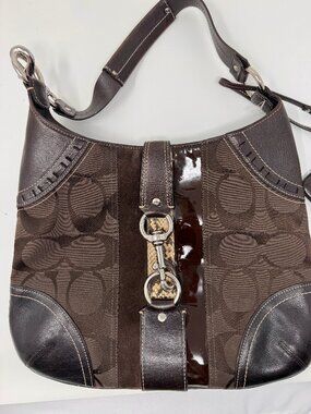 COACH Hamptons Python Stripe Hobo Bag Brown Signature Canvas + Wristlet Set 13"